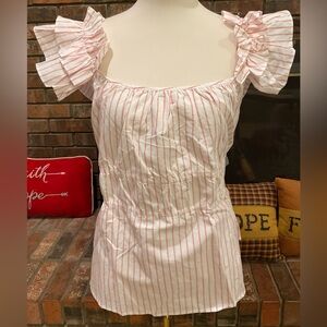 Chic Pink Striped Women's Blouse with Ruffle Sleeves